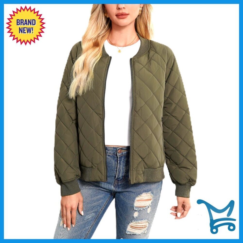 Quilted Bomber Jacket Lightweight Zip Up with Pockets Casual Outerwear